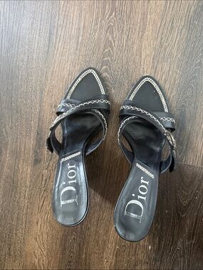 Dior Black Leather Slip-On Mules with White Contrast Stitching